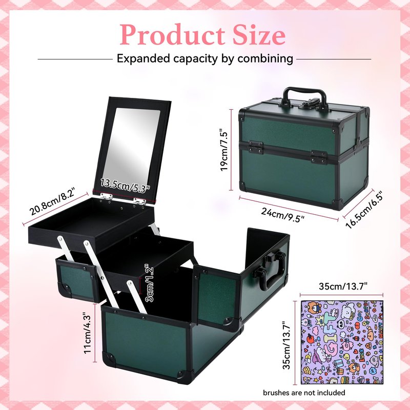 GALHUBIS Makeup Train Case, Portable Makeup Case with Mirror, 2-Trays Cosmetic Organizer Case,Nail Polish Organizer, Travel Makeup Box, Profesional for Salon Barber, Green