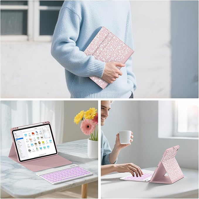 Supveco Keyboard Case for iPad Air 11 Inch (M4 2026,M3 2025,M2 2024),iPad Air 5th/4th Generation with Pencil Holder-7 Colors Backlit Wireless Detachable Folio Keyboard Cover -Pink