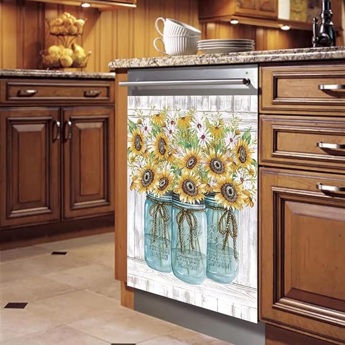 Farm Sunflower Dishwasher Cover Sticker, Vase Sunflowers Fridge Decal Panel, Farm Style Vinyl Home Appliance Cover, Ordinary 23"x26"INCH
