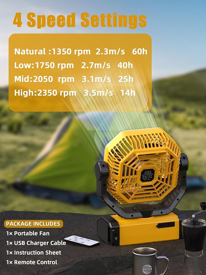 Battery Powered Fan - 9-Inch Rechargeable Fan Portable, 24000mAh(60Hrs) Camping Fans for Tent, Auto Oscillation Cordless, Tent Fans for Camping with Remote/light, 4 Speeds, 4 Timing, Outdoor, Yellow