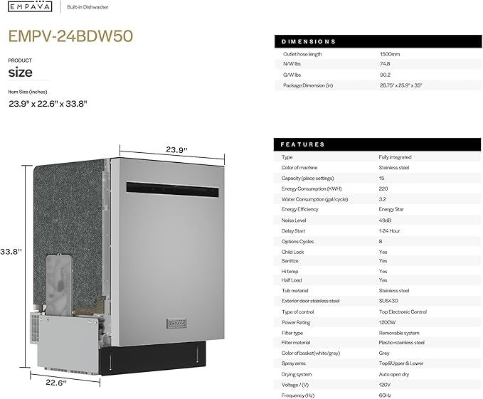 Empava 24 Inch Built-in Dishwasher, Stainless Steel Tub, 15 Place Settings, 8 Wash Cycles, Top Control, Auto Door Dry, 49 dB Ultra Quiet, Energy Star & UL Certified