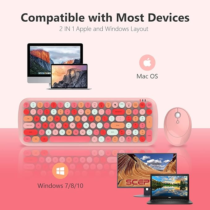 KNOWSQT Wireless Keyboard and Mouse Combo, Light Pink 100 Keys 2.4 GHz Round Keycap Typewriter Keyboards, USB Receiver Plug and Play, for Windows, PC, Laptop, Mac, Desktop