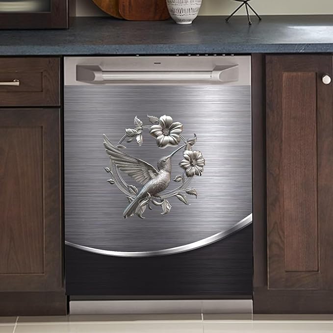 Grey Metal Silver Bird with Flower Pattern Magnetic Dishwasher Cover Sheet Polishing Steelbird Dishwasher Skin Decor Silver Texture 23X26 INCH Magnet Rerigerator Kitchen Panel Decal Sticker