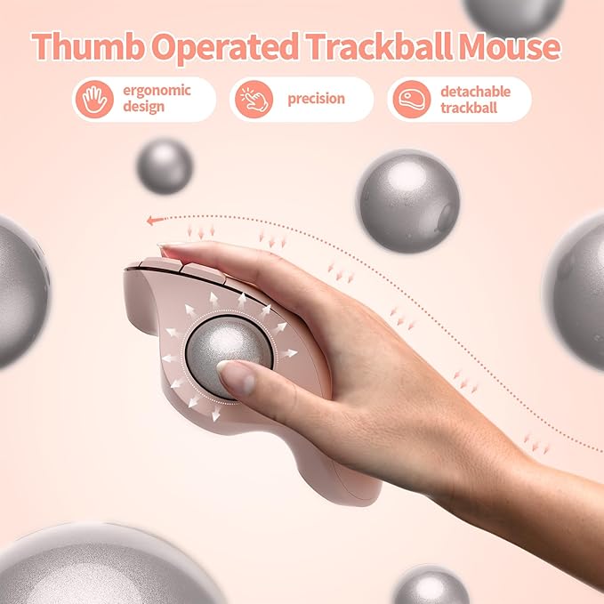seenda Wireless Trackball Mouse, Ergonomic Bluetooth Rollerball Mouse Rechargeable, 3 Device Connection Optical Mice Adjustable DPI Thumb Control Mice Compatible for PC/Laptop/Windows/Mac - Rose Pink