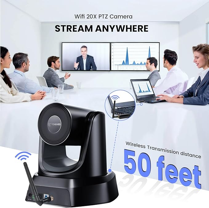 TONGVEO Wireless AI PTZ 20X Zoom Camera with Auto-Tracking: Built-in 5.8GHz Receiver for Cable-Free Setup, 1080P 60fps Conference Camera for Church Services, Online Classes & Hybrid Meetings