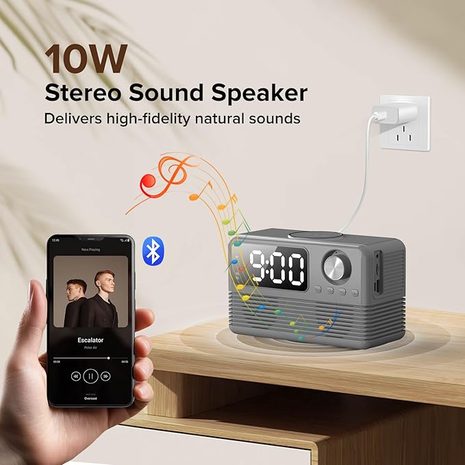 FlyShow 15W Fast Wireless Charger with Bluetooth Speaker and Alarm Clock Radio,4 in1 Wireless Charging Station for iPhone,Android Phones with FM Radio for Bedroom