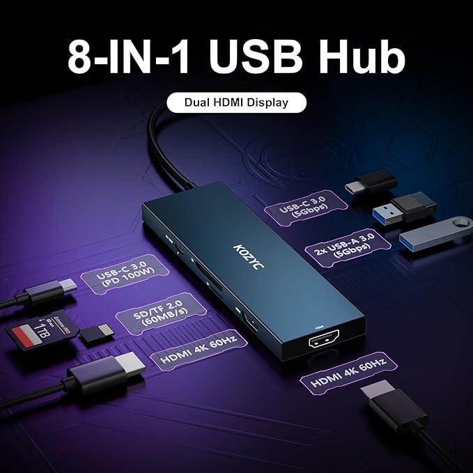 KOZYC USB C Docking Station Dual HDMI 4K@60Hz, 8-in-1 USB C Hub 2 HDMI, USBC 3.0, 2xUSB-A 3.0, SD/TF, 100W PD, Laptop Docking Station Dual Monitor Compatible with HP, Dell