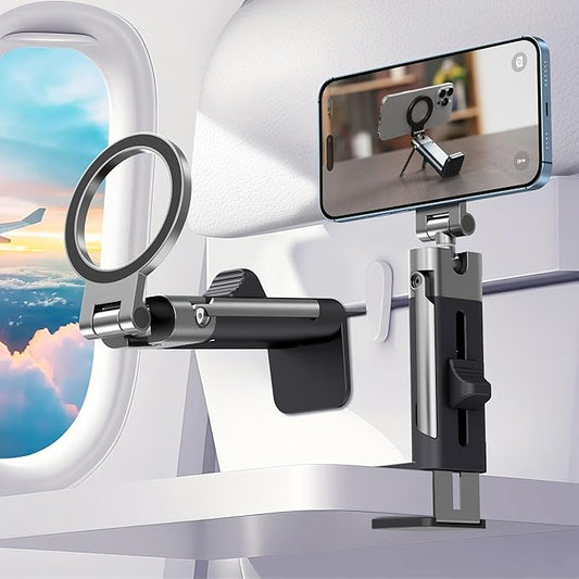 SOGUE Airplane Travel Essentials Men Phone Holder,Plane Phone Mount for MagSafe,Foldable Magnetic Phone Stand for Desk 360° Swivel Universal in Airplane Gadgets for iPhone 17