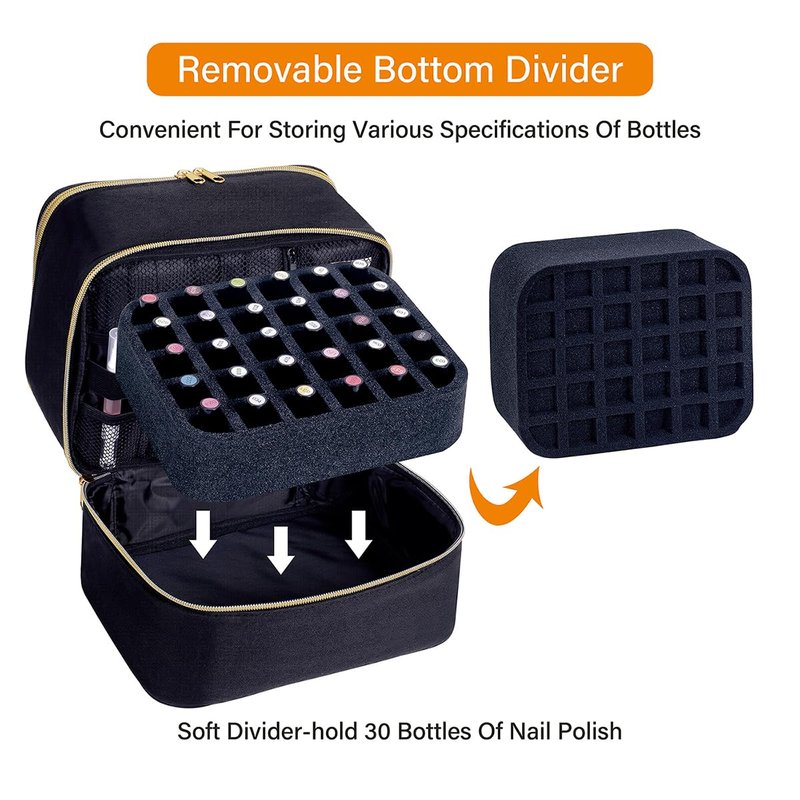 UOZL Nail Polish Organizer, Handheld Double Layer Organizer Holds 30 Bottles (15 ml/0.5 floz) with Adjustable Dividers for Nail Polish Small Manicure Lamp Manicure Tools Essential and Travel,Black