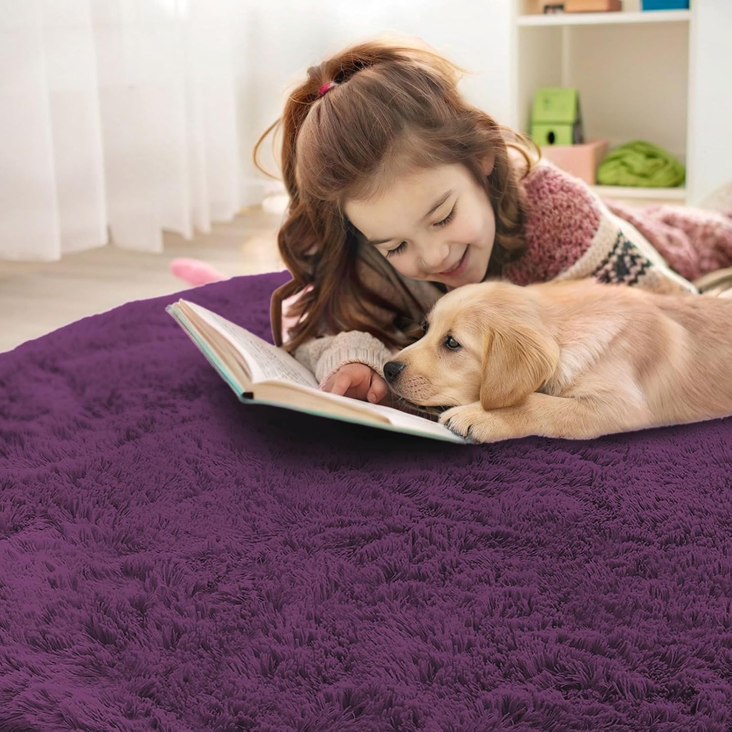OLANLY Dark Purple Round Rug - Soft, Fluffy Shaggy Carpet | 5 ft Machine Washable Area Rug for Bedroom & Living Room