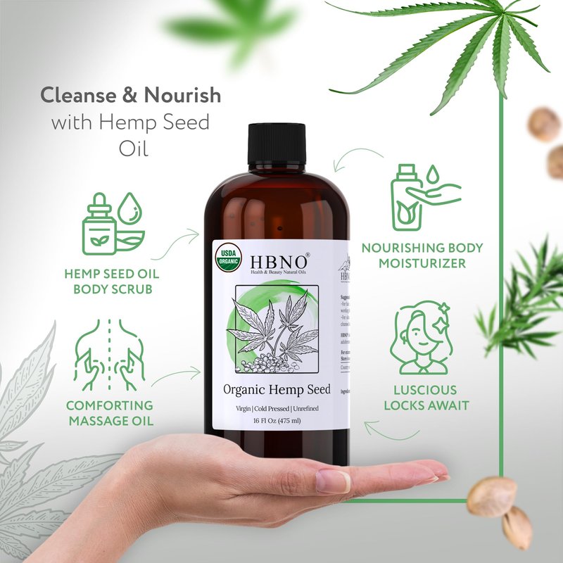 HBNO Organic Hemp Seed Oil -16 OZ (475ml) Value Size - Natural Hemp Oil, Cold Pressed - Perfect Carrier for Massage, Aromatherapy, Diy, Soap Making, Face, Body, Lips, Hair, Nails