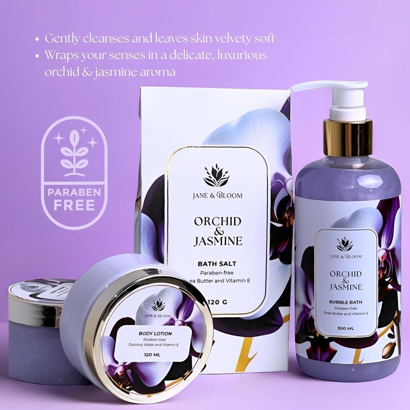 Christmas Bath Spa Gifts for Women - 9-Piece Luxury Bath & Body Set | Orchid & Jasmine Shower Gel, Bubble Bath, Lotion & More