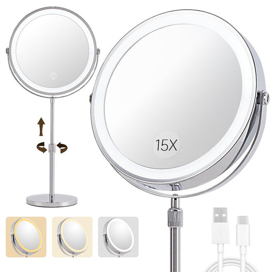 1X/15X Magnifying Makeup Mirror with Lights - 9" Large Dual-Sided Vanity Mirror with 3 Color Lights for Women's Travel Cosmetic Mirror | 3000 mAh-USB Rechargeable | 360° Rotation | Adjustable Height