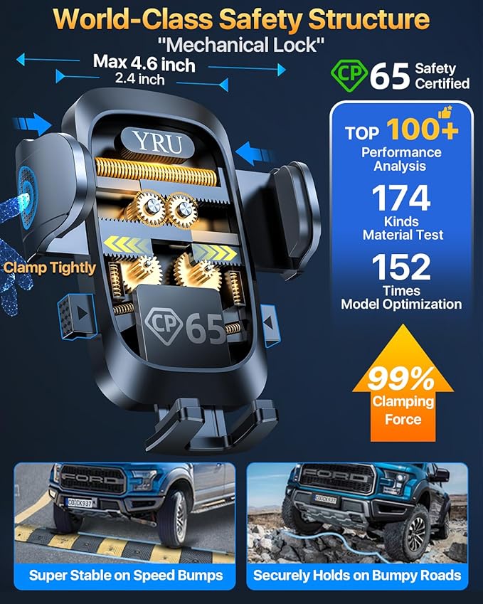 [True Upgrade for Safety] YRU Car Phone Holder Mount [Patent & Military-Grade] Dashboard Cell Phone Holder for Car Vent Windshield Phone Stand for iPhone17 16 15 14 13Pro Max Truck Samsung, Dark Black