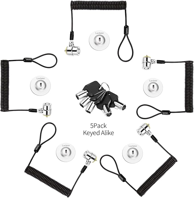 LORADAR Keyed Alike 5Pack Security Hardware Cable Lock Kit,Retractable Cable Lock Portable Keyed Laptop Lock 5Keys 6.2Ft for Monitors, Laptops, MacBooks, Tablets, iPad,Mac mini,