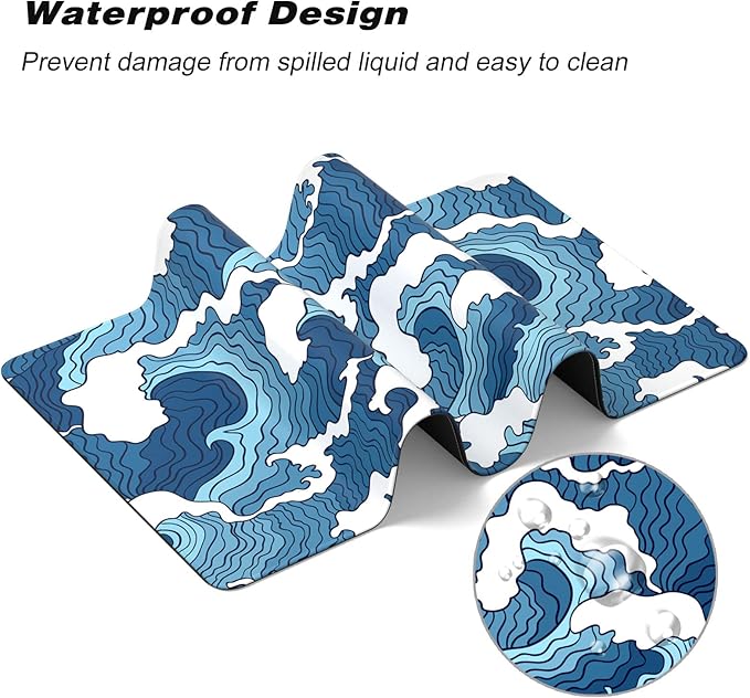 Atufsuat Extended Gaming Mouse Pad, Japanese Blue White Wave Mousepad, XL Large Mouse Mat Desk Pad 30 x 14 Inch, Waterproof Anime Mouse Pad with Stitched Edges and Non-Slip Base for Office Gaming
