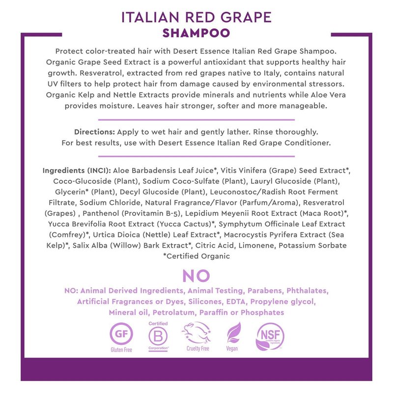 Desert Essence Italian Red Grape Shampoo - 8 Fl Ounce - Pack of 3 - Protection For Color Treated Hair - Antioxidants - Healthier & Smoother - Vitamin B5 - Sugar & Coconut Oil Cleansers