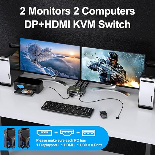 KVM Switch 2 Monitors 2 Computers 8K@60Hz/4K@144Hz, HDMI Displayport KVM Switches for 2 PC Sharing Dual Monitor and Keyboard Mouse with Power Adapter, Wired Extend Controller and USB3.0