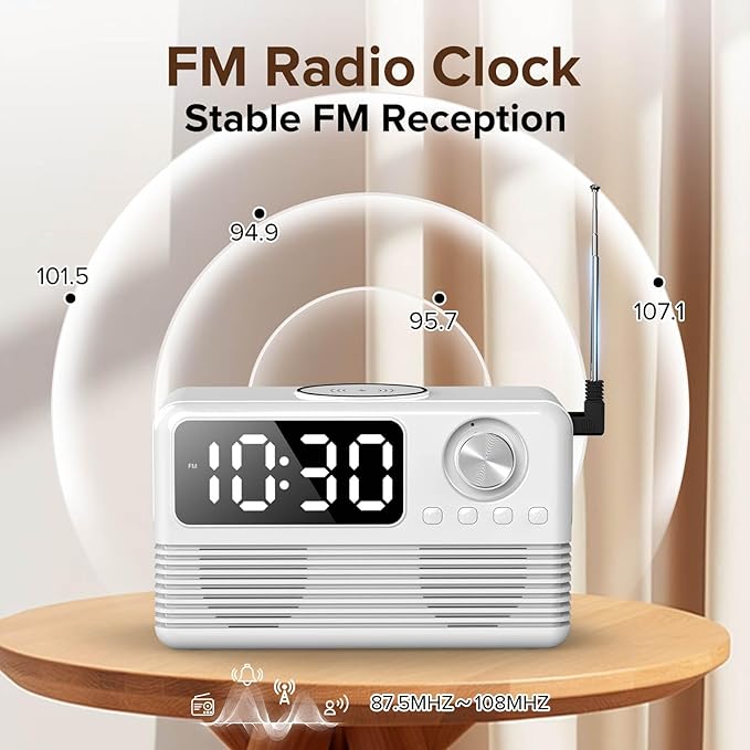 FlyShow 15W Fast Wireless Charger with Bluetooth Speaker and Alarm Clock Radio,4 in1 Wireless Charging Station for iPhone,Android Phones with FM Radio for Bedroom