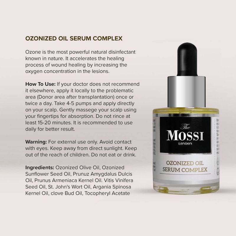 The Mossi London Ozonized Hair & Scalp Oil Serum - 50% Ozonated Olive Oil Treatment for Thicker-Looking Strands - Scalp Serum for Dry Scalp Care & Transplant Aftercare - 30ml