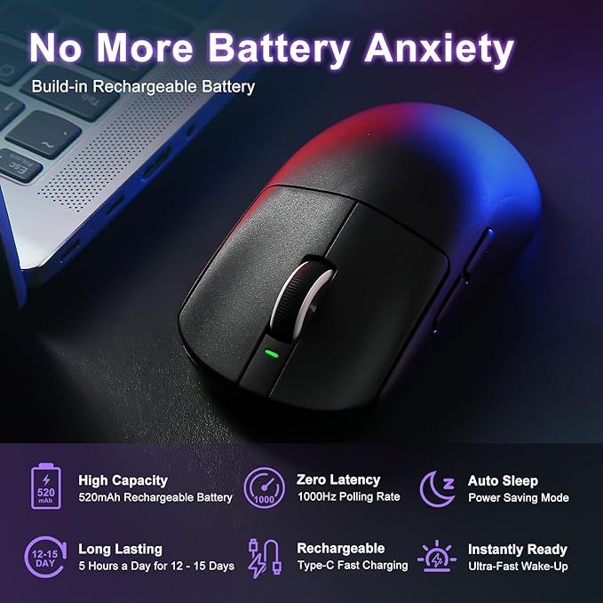 MIKIBY R1 SE+ Gaming Mouse, 18000 DPI, High-Precision PAW3395 SE Sensor,55g Lightweight, Tri-Mode 2.4G/BT5.0/USB-C Mouse, Programmable Ergonomic Mouse for Laptops/PC/Mac (Black)