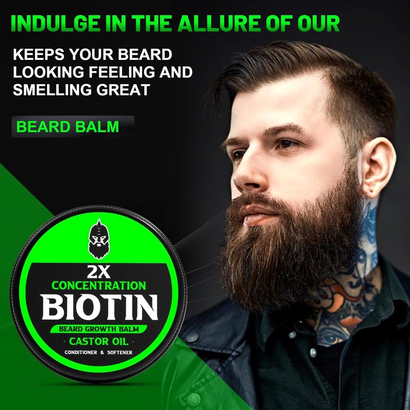 Beard Balm for Growth & Styling - Biotin, Castor Oil, Argan & Jojoba Oils | 2 Oz - Vanilla, Cedar, Orange