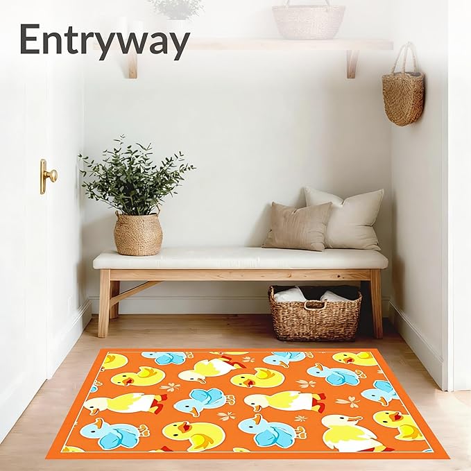Flatwoven High Traffic Area Rug 5x7, Whimsical Parade Watercolor Cartoon Inspired Motif, Non Slip, Stain Resistant, Washable Area Rugs for Living Room, Bedroom (Orange, 5x7)