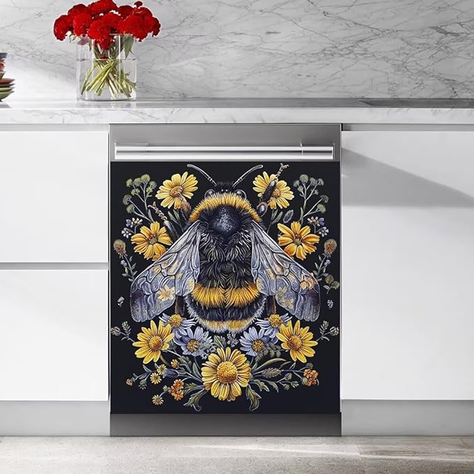Flower and Bee Painting Dishwasher Magnet Cover Sticekr,Refrigerator Magnet Cover Decal Fridge Microwave Stickers Kitchen Decor,23W x 26H inchs