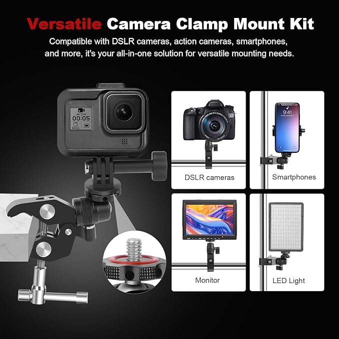 Mechrig Super Clamp Camera Mount with 360° Mini Ball Head, Aluminum Desk Tube Crab Clamp for Monitor/Light/Mic, Bike/Motorcycle Handlebar Mount for Go Pro/Insta360/DJI Action Camera (SY012)
