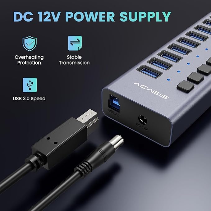 Powered USB Hub - ACASIS 16 Ports 90W USB 3.0 Data Hub - with Individual On/Off Switches and 12V/7.5A Power Adapter USB Hub 3.0 Splitter for Laptop, PC, Computer, Mobile HDD, Flash Drive and More
