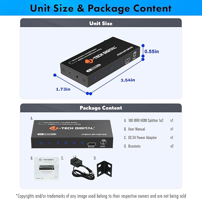 J-Tech Digital HDMI Splitter 1 in 2 Out 4K 60Hz 18Gbps – 1x2 HDMI 2.0 Hub for Multiple Monitors Duplicate/Mirror Screen, Premium Ultra HD [JTD4KSP0102]