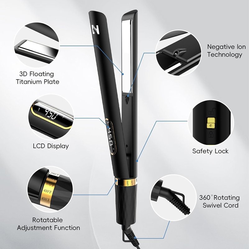 Flat Iron Hair Straightener - 1 Inch Titanium Curler with Fast Heating & 5 Temp Settings | Travel-Friendly Design