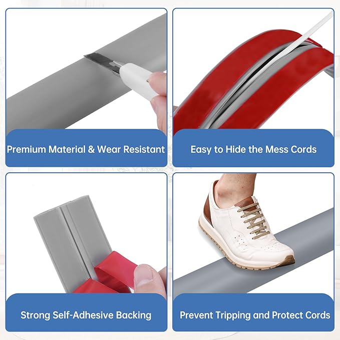 Floor Cord Cover Self Adhesive Cord Hider Floor Extension Cord Covers for Floor Power Cord Protector Cable Management Prevent Cable Trips Cable Cavity 0.59" W x 0.31" H (Grey, 10Ft)