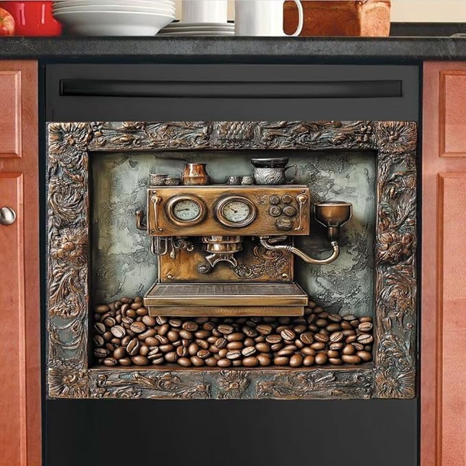 Retro Coffee Machine Dishwasher Magnet Cover, Dish Washer Cover for Kitchen Decor, Easily Trimmable Dishwasher Sticker Refrigerator Magnetic Cover 23Ã17 in