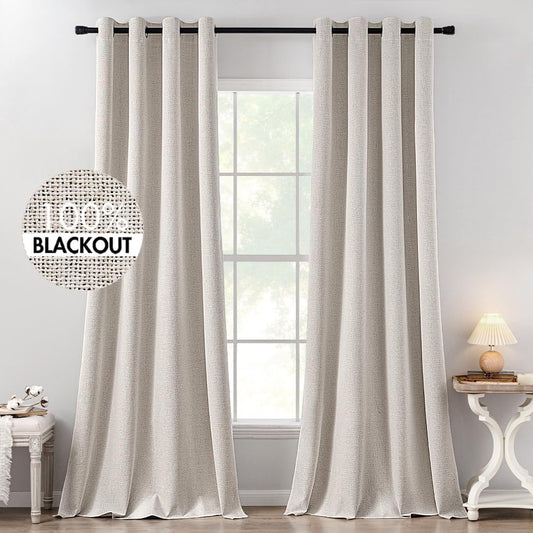 MIULEE 100% Blackout Linen Textured Curtains - Thermal Insulated Ivory Drapes | 52 x 120 Inch (2 Panels)
