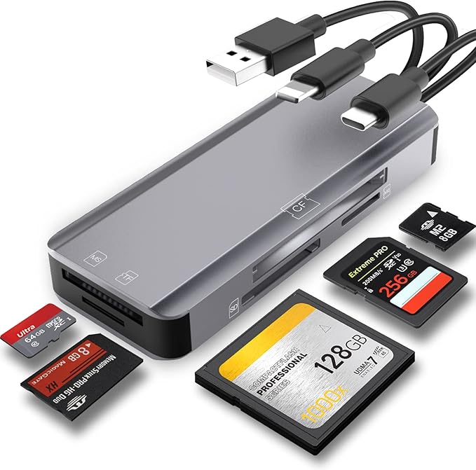 5-in-1 Multi Memory Card Reader,Aluminum SD/TF/CF/MS/M2/Cfast/Memory Stick Pro Duo/Micro SD Card Reader Adapter for i-Phone/i-Pad USB C and USB A Devices,No Application Required Plug and Play
