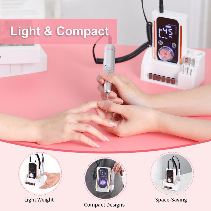 Portable Nail Drill File Electric 45000RPM Rechargeable DIY Nail Drill Kit with Large LCD Screen Led Indicator Cordless with Bits & Base for Gel Nail Manicure and Pedicure Reflective Body etc