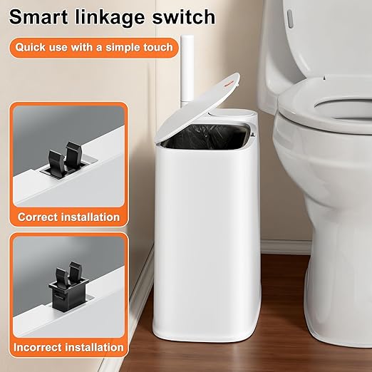 White Plastic Mini Trash Can, Toilet Cleaner Stick, Toilet Brush Holder, 36 Refills and 5 Rolls of Trash Bags, 2-Gallon Trash Can with Pop-Out Lid, Suitable for Bathrooms and Small Toilets.