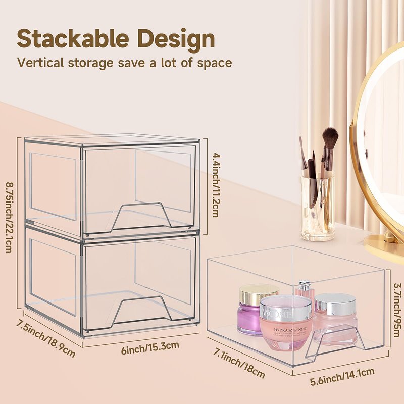 Damomo 4 Pack Stackable Organizer Drawers, 4.4" Tall Clear Bathroom Makeup Organizer and Storage, Acrylic Small Organizers Bins for Vanity, Undersink, Bathroom, Pantry, Kitchen Cabinets