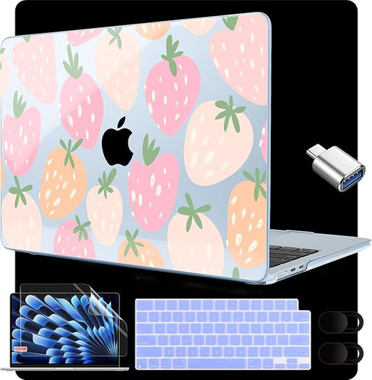MEEgoodo for M5/M4/M3/M2 MacBook Air 15 inch Case 2026 2025 2024 2023, Case Fit Model (A3448/A3241/A3114/A2941) for MacBook Air 15.3 inch, Cute Drawn Strawberries