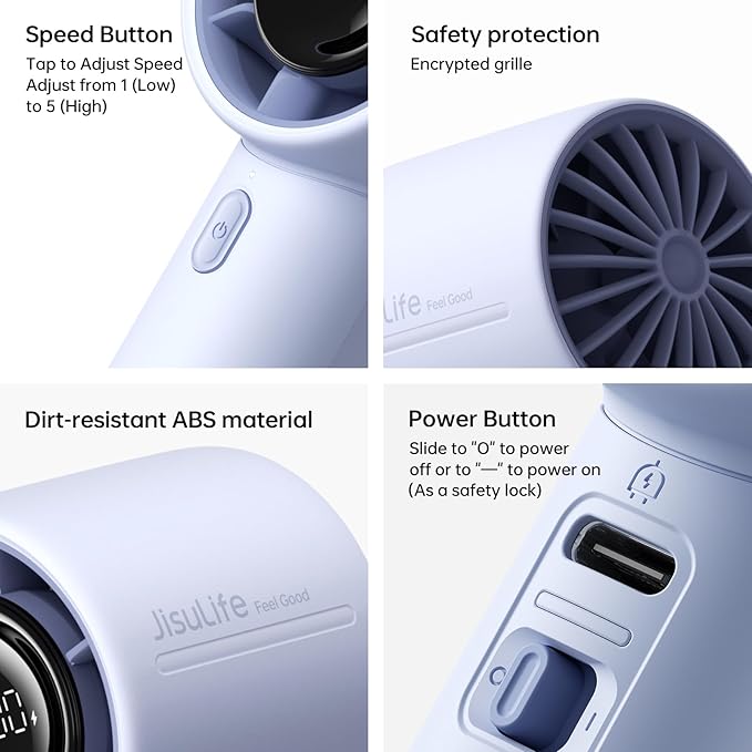 JISULIFE Handheld Turbo Fan Life10S – 5000mAh Rechargeable Portable Fan, 28H Runtime 5-Speed Powerful Airflow, Quiet Mini Hand Fan Blows Cold Air for Travel, Beach, Sports, Concerts, Men & Women（Blue）