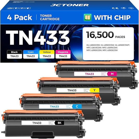 JCTONER TN433 Toner Cartridge Set 4-Pack Replacement Compatible for TN-433 TN431 TN436 Printer Ink
