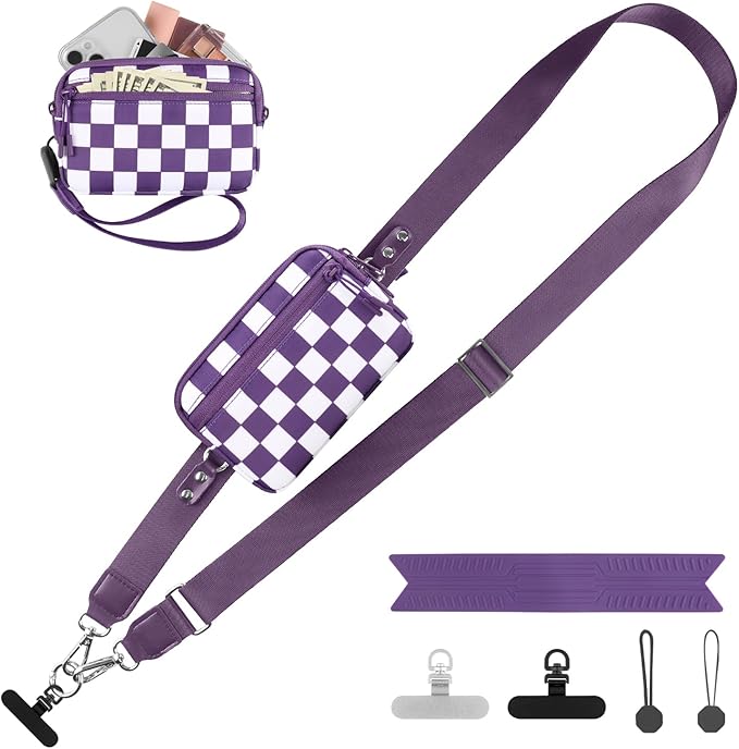 YFWE Clip and Go Strap for Phone with Wallet Crossbody, Adjustable Phone Lanyard with Detachable RFID Wristlet Wallet, Phone Strap with Phone Tabs for All Phones, Purple Checkered (M)