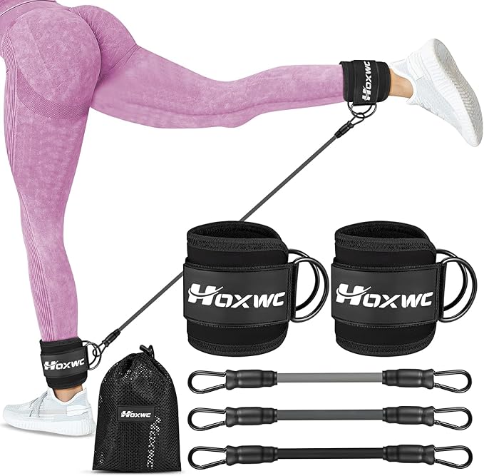 HOXWC Ankle Resistance Bands with Cuffs, Ankle Bands for Working Out, Glute Workout Equipment, Portable Cable for Glutes Workouts, Kick Back Ankle Straps with Exercise Bands, Home Workout Equipment
