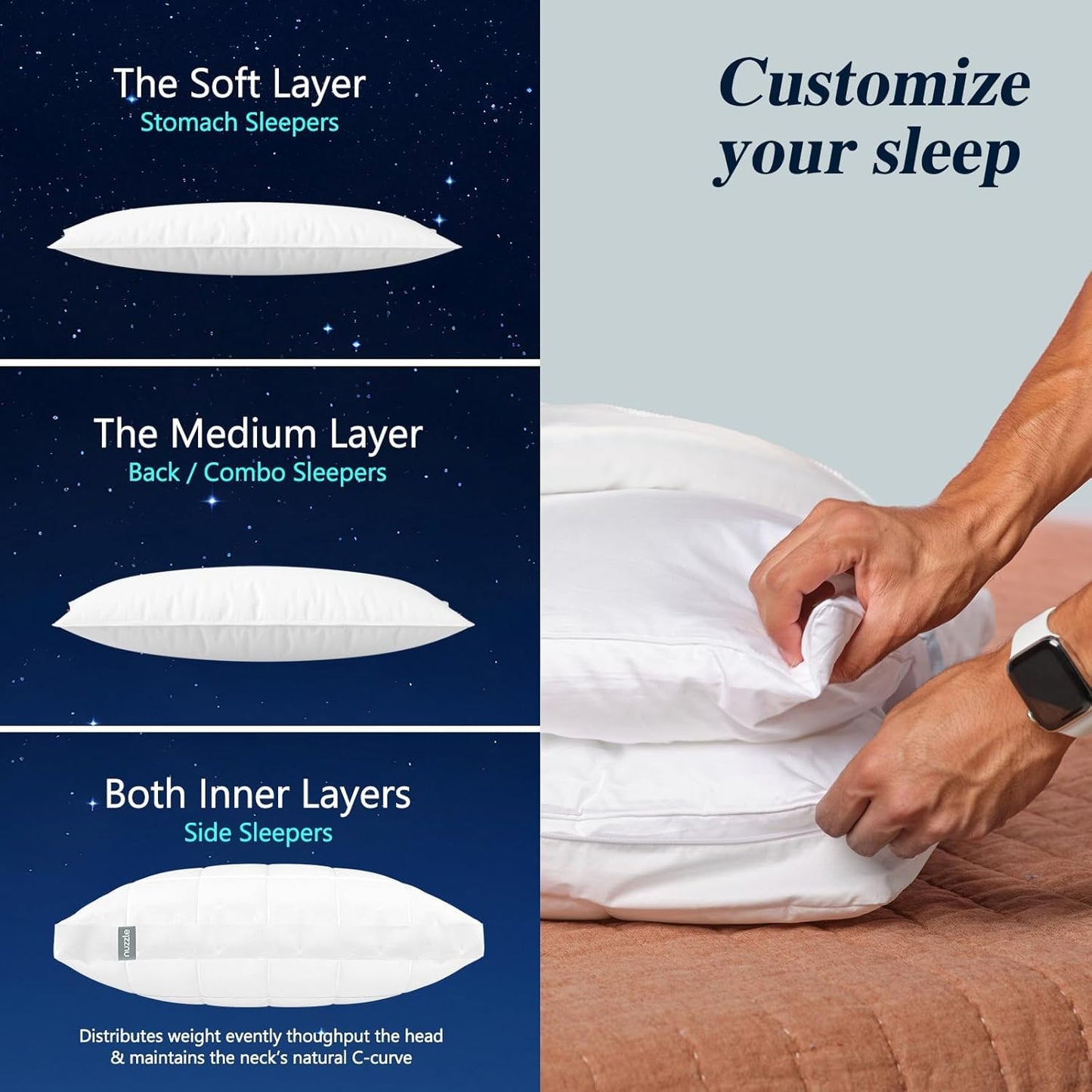 Skiennix Cooling Adjustable Pillows Set of 2 | Luxury Queen Size for Side Sleepers - Soft & Firm Comfort