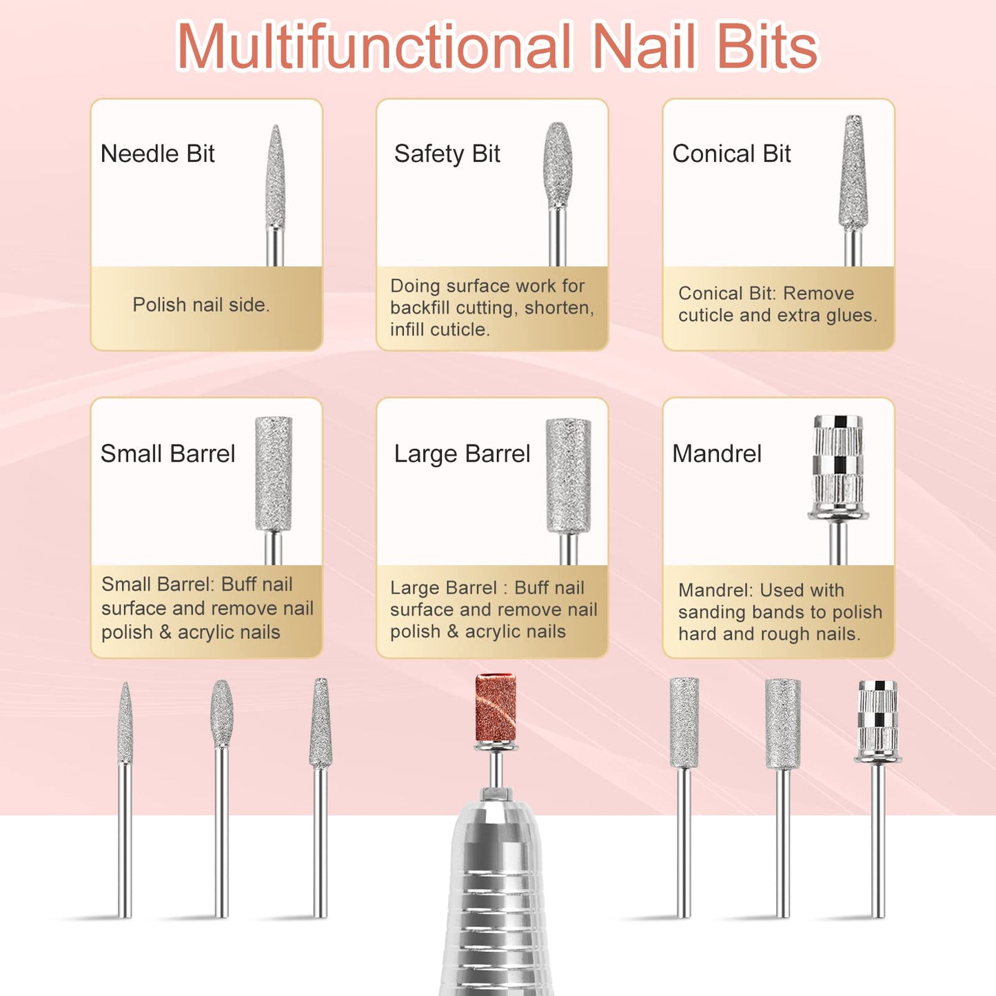 Rechargeable Professional Nail Drill Machine - Madenia 35000 RPM Portable Electric Nail File E File for Acrylic Gel Nails, Manicure Pedicure Polishing Tools with Display Screen, Pink
