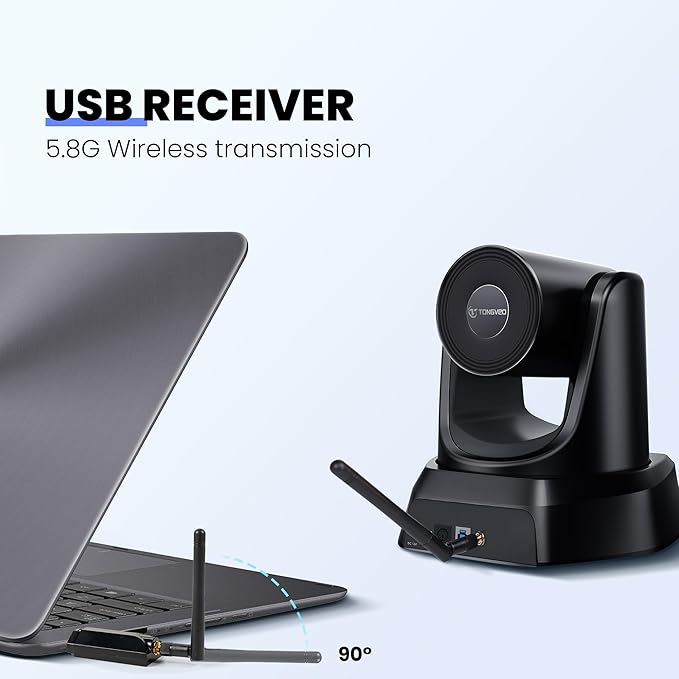 TONGVEO AI Wireless PTZ Camera System with Auto Tracking Built-in Receiver & Bluetooth Speakerphone, 5.8GHz 1080P 60fps Conference Camera with 3X Optical Zoom, for Church Zoom, OBS Meetings
