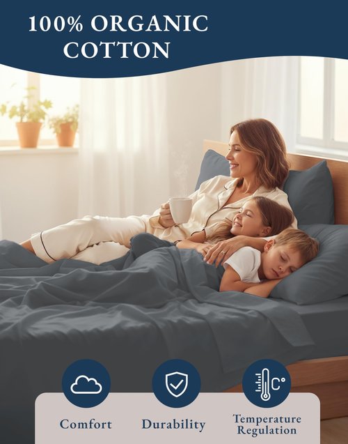 LANE LINEN 100% Organic Cotton Sheets King Size Machine Washable Fully Elasticized Soft & Comfy Mercerized Sustainably Produced All Season Eco Friendly Cotton Sheets sábanas King- Charcoal