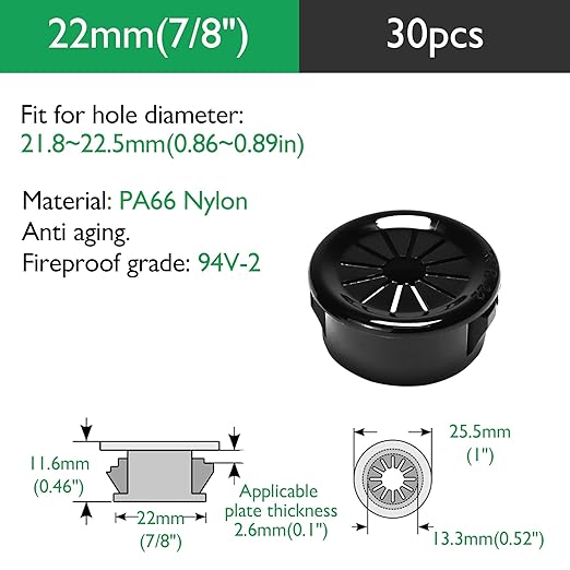 EASYEAH 30PCS Cable Grommets, 7/8"(22mm) Desk Hole Cover Petal Shaped Buckle Type Nylon Snap Bushing Grommet, Wire Hole Cover Insert for Cables and Cords Management and Protection of Cabinet, Black