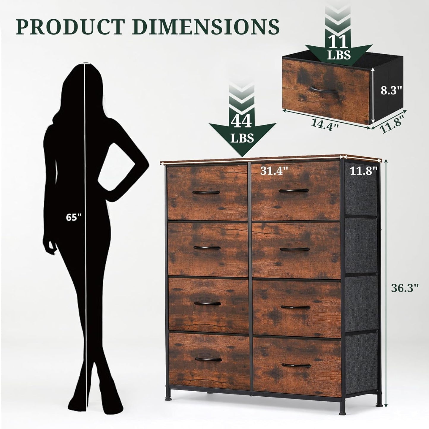 Regine Switzerland 8-Drawer Dresser - Anti-Tip Tall Storage Organizer with Wooden Top & Metal Frame - Brown